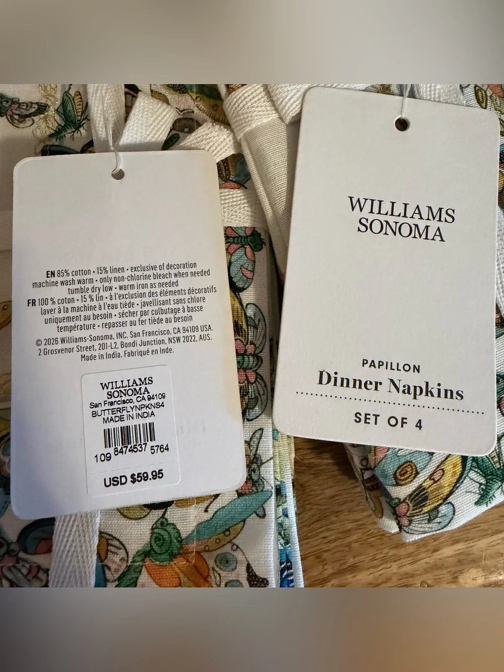 William Sonoma Papillon Dinner Napkins. 2 Sets of 4. NWT